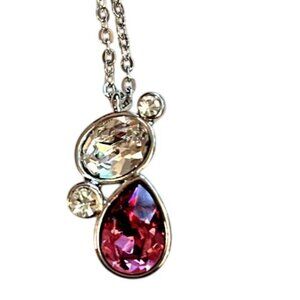 Pink & Clear Swarovski Crystal Teardrop Pendant 16" Silver-tone Necklace Swan